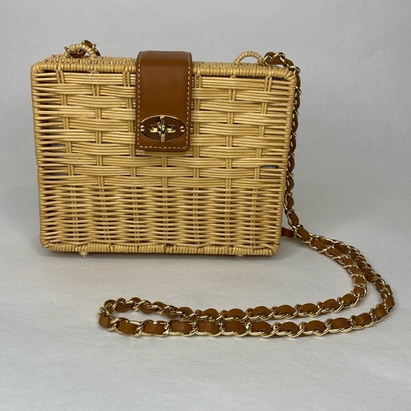 J. McLaughlin Wicker Straw & Leather Rectangle Box Handbag, Gold Hardware, NWOT - Picture 1 of 16